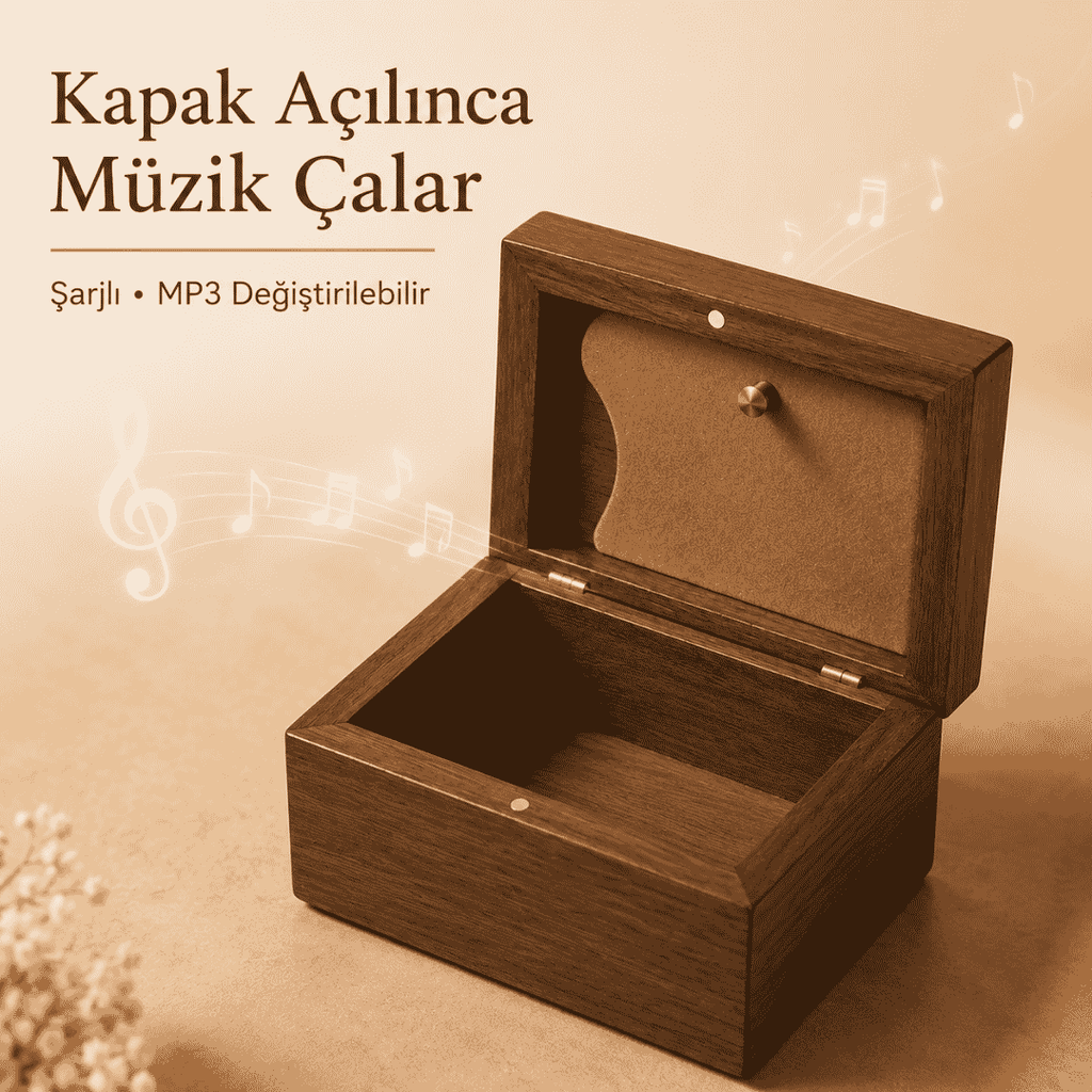 Kişiye Özel MP3 Müzikli Ahşap Hediye Kutusu Şarjlı Lazer Yazılı Kapak Açılınca Müzik Çalar